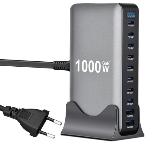 1000W Station de Charge - Chargeur Rapide à 10 Ports avec 8 Ports USB C + 2 Ports USB A, Caricatore USB Multiplo Compatible avec MacBook, iPad, iPhone séries 16/15/14, Galaxy S22/ S20, Dell, HP