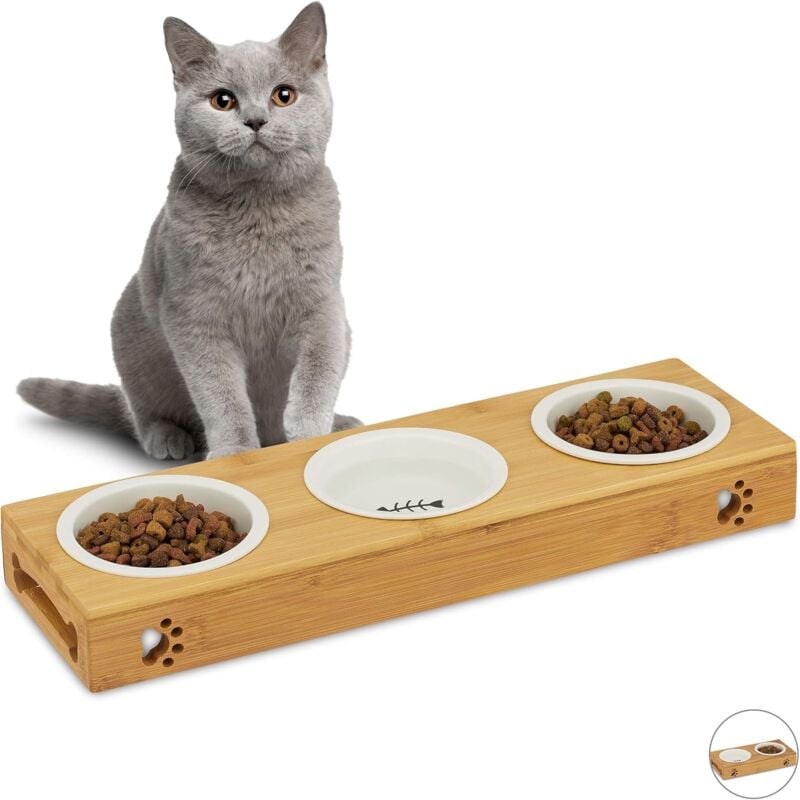 1002885359 Gamelle Triple en Bambou, Bols en céramique, Eau et Nourriture, adapté pour Le Lave-Vaisselle, Naturelle, Nature, 1