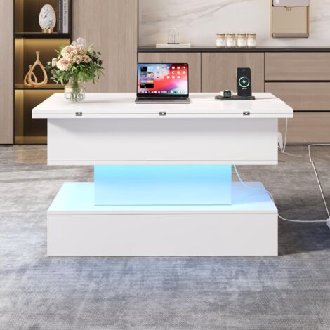 1005051.5cm Couchtisch mit Steckdose,USB-C&USB-Ladebuchse,multifunktionaler Wohnzimmertisch mit LED, anhebbarer Kaffeetish, höhenverstellbar Sofatisch,Beistelltisch und Esstisch mit Stauraum,Weiß