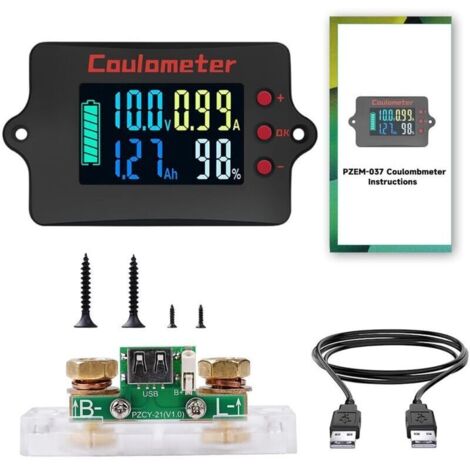 100A Contrôleur de batterie 12V 24V 36V 48V Moniteur de batterie 8-120V Battery Ampèremètre universel de tension de batterie au lithium Courant en cuivre pur + 2m de câble USB (écran couleur)