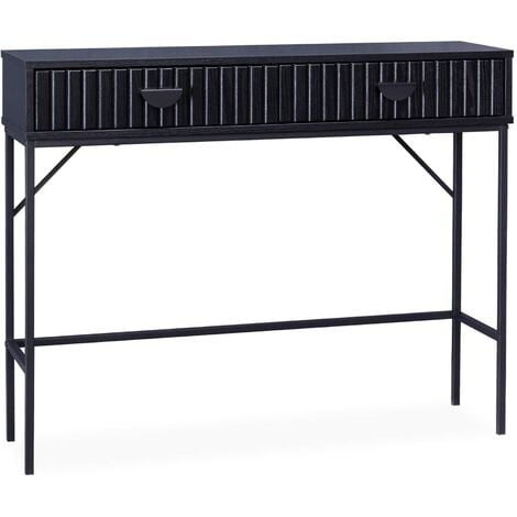 SWEEEK 100cm console with grooved wood decor and 2 drawers, Bazalt, Black, 100x29x79.5 cm