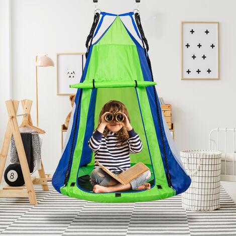100cm Kids Nest Swing, Hanging Tree Swing, Children Play Tent, with Waterproof Detachable Play Tent, Height Adjustable Rope, Metal Frame, 150kg Capacity, Indoor and Outdoor, Travel and Camping, Green
