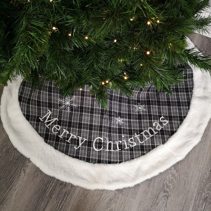 100cm Luxury Embroided Grey Christmas Tree Skirt Felt Plaid Fluffy Apron