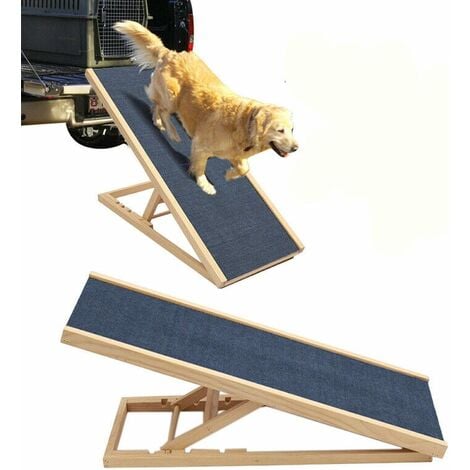 100CM Rampe pour chien Rampe pour animaux compagnie pour voiture, avec hauteur réglable, rampe de sécurité pour tapis antidérapant, conception portable pliable, cadre en bois robuste