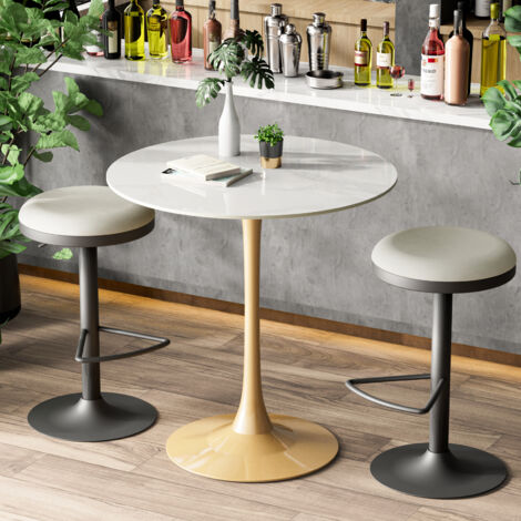 100cm Tall Round Dining Table Marble Modern Tulip Table Slate Tabletop with Golden Pedestal Base, Bistro Kitchen Dining Room, Glossy White