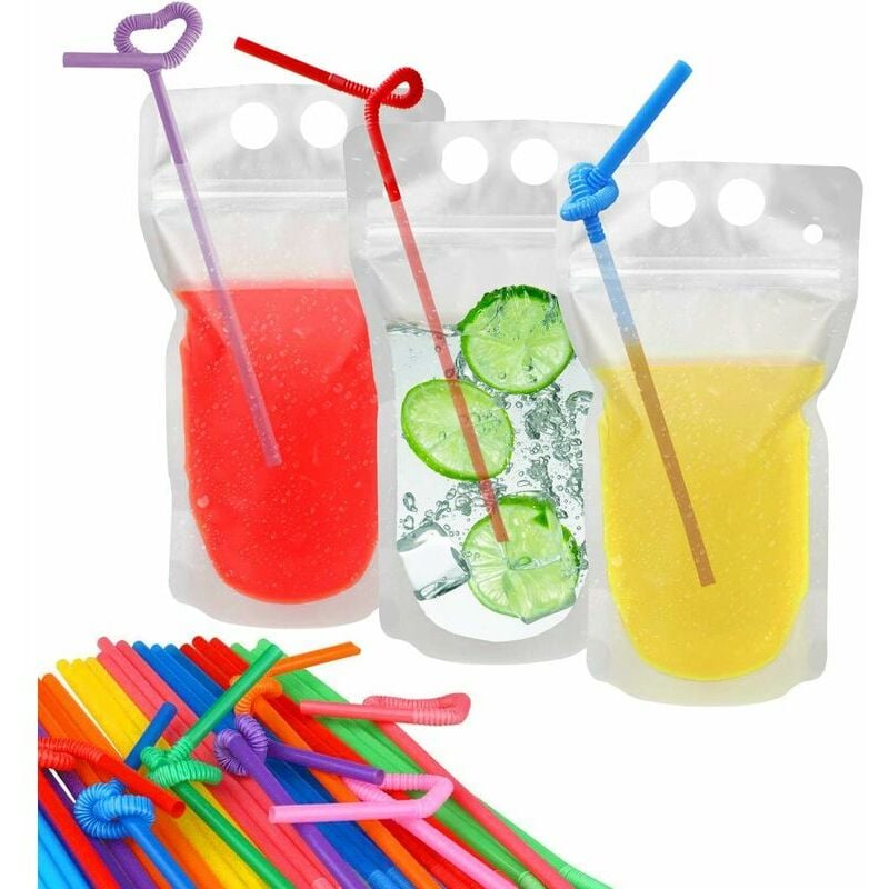 100er-Pack Getränkebeutel mit 100 Strohhalmlöchern, gefrierfähige Saftbeutel, durchscheinende, wiederverschließbare Plastiktüten mit Reißverschluss | 07634066014188 100er-Pack Getränkebeutel mit 100 Strohhalmlöchern, gefrierfähige Saftbeutel, durchscheinende, wiederverschließbare Plastiktüten mit Reißverschluss | 07634066014188