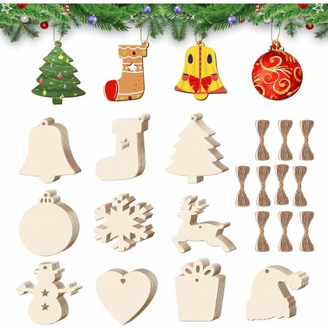 100er-Pack Weihnachtsornamente aus Holz – 10 Basteldekorationsformen aus Holz, vorgebohrtes unbehandeltes Holz mit Dekorationsschnüren