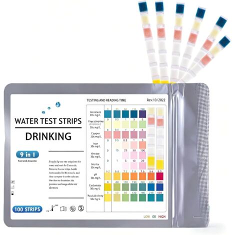 100er-Packung 9-in-1-Aquarien-Wassertestset, Süß- und Meerwasseraquarien-Testset, Nitrit, Nitrat, pH-Wert, GH, KH, Chlor, Kupfer, Eisen, inklusive Teströhrchen und Thermometer
