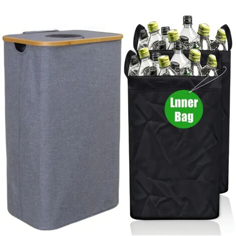 100L Bottle Recycling Bin with Lid & 2 Reusable Pouch, Gray
