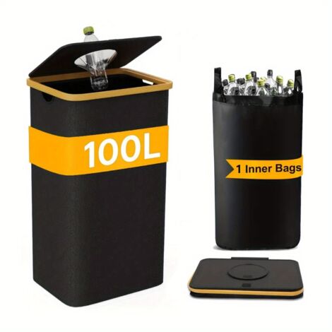 100L Bottle Recycling Bin with Lid & one Reusable Pouch, Black