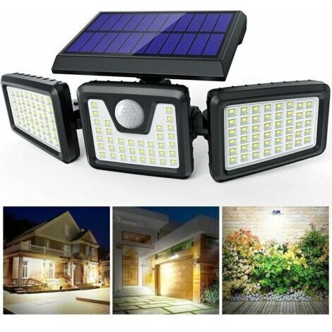 100LED Lampe Solaire de Sécurité à Détecteur de Mouvement, Spot Mural Extérieur Puissant sans Fil avec 3 Têtes