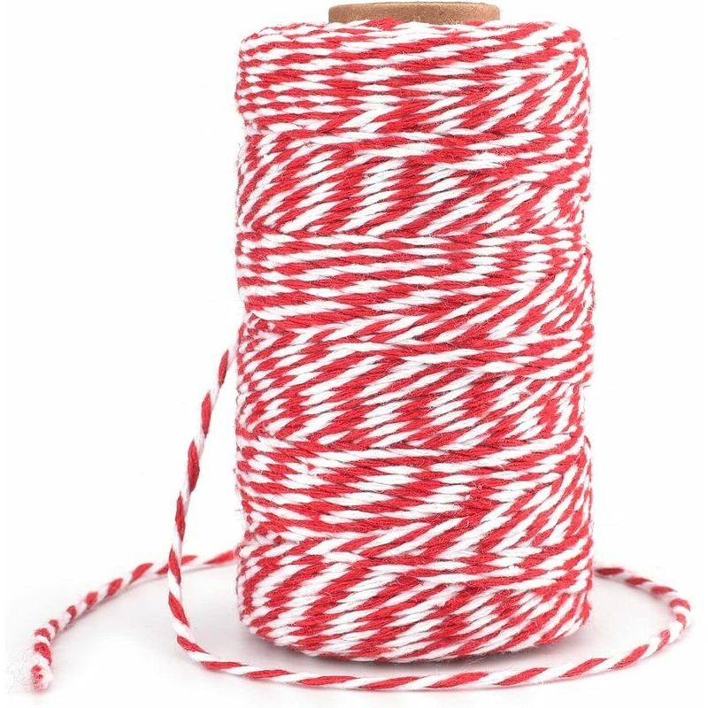 100M ficelle rouge et blanche corde de noël ficelle de noël rouge ficelle de coton durable rouge pour la cuisson, emballage de cadeau de noël