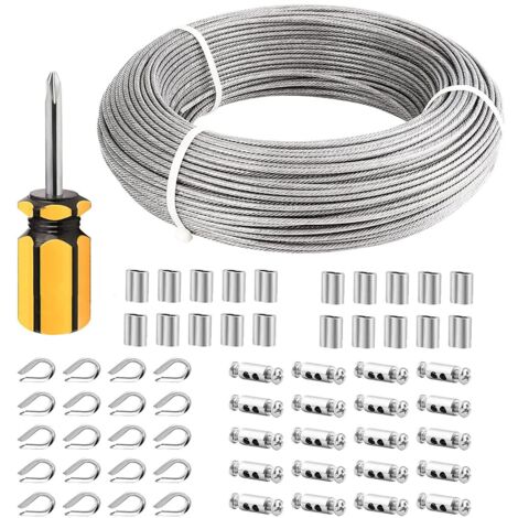 100M Serre Cable Acier,Kit Gaine Cable 3Mm 7X7 Avec 20 Boucles Sertissage,20 Cosses Cable,20 Pinces,Cable Plante Métallique Grimpante Exterieur,Câble Métallique Pour Suspendre Des Lampes Extérieures