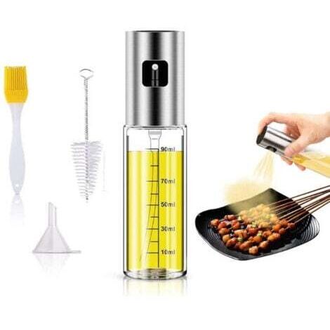 100ML Vaporisateur Huile avec Échelle, Pulverisateur Huile d'olive avec Entonnoir Vaporisateur Huile Cuisine en Acier Inoxydable avec Balais d'Huile et Brosse de Nettoyage pour BBQ/Cuisine