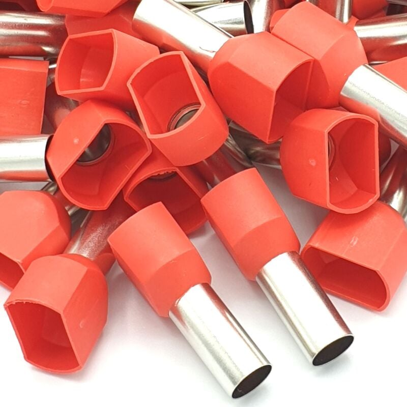 100pcs 10mm Red Dual Bootlace Crimp Ferrules Insulated Cord End Terminal