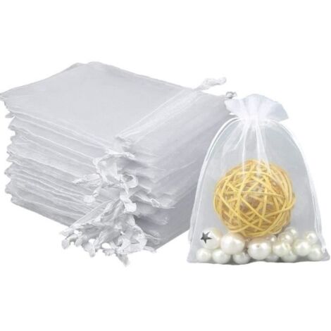 100PCS 9x12cm Blanc Sacs Organza, Sachets Pochettes Cadeau en Organza avec Cordon de Serrage, Sac à Bijoux Sachets pour Lavande, Idé