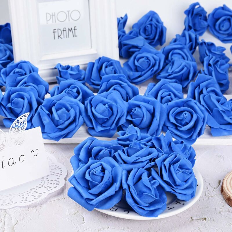 Ineasicer - 100PCS Rose Bleu Artificielle Tête de Fleur Bleu Saphir Décoration Toussaint Anniversaire Mariage Party Cérémonie Accessoire de Cheveux