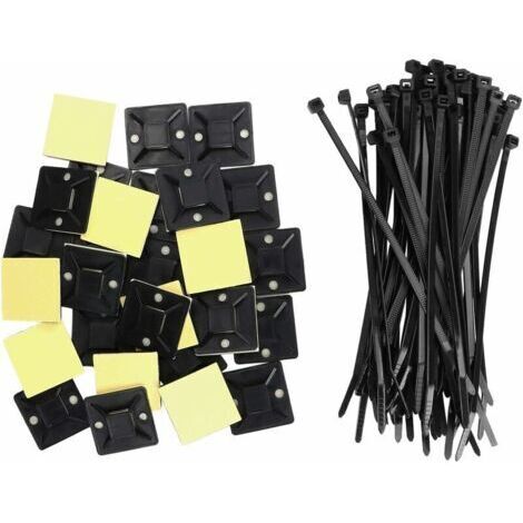 100pcs Bases d'attaches de câble auto-adhésives 25mm x 25mm Attaches de câble auto-adhésives Attaches de câble auto-adhésives Support d'attache de câble en plastique + 100pcs Attaches de câble  noire,