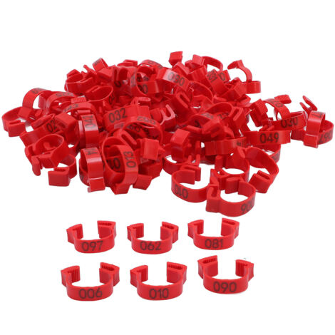 100PCS Chicken Leg Bands 20mm 001 to 100 Numbered Poultry Identification Leg Tags for Chicks Ducks Pigeons Goose Quail Red