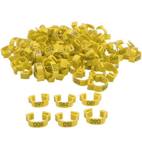 100PCS Chicken Leg Bands 20mm 001 to 100 Numbered Poultry Identification Leg Tags for Chicks Ducks Pigeons Goose Quail Yellow