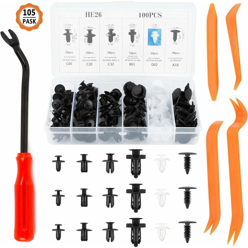 100pcs Clips De Retenue De Voiture, Rivet Clips Plastique De Voiture Clip De Fixation Pour Voiture Et 4pcs Outils De Démontage Pour Voiture Avec 1pcs