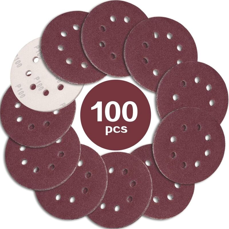 100PCS Disque de Ponçage 125mm Grain 100, Disques a Poncer Papier Abrasifs 8 Trous Idéal pour Poncer/Polir pour Ponceuse Excentrique