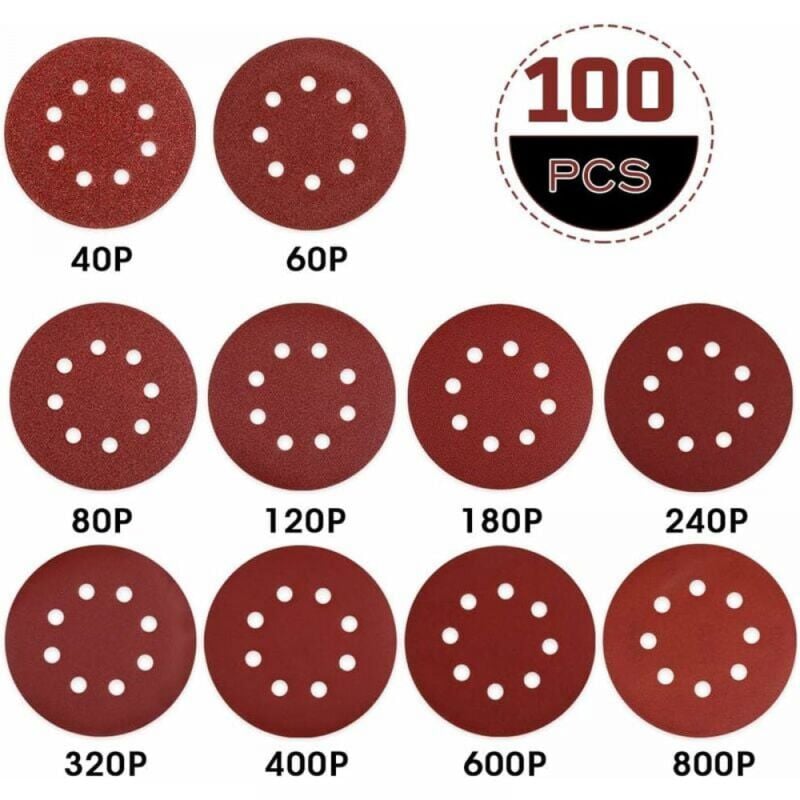 100PCS Disque de Ponçage Papier Abrasif 125mm Disques Abrasifs 40/60/80/120/180/240/320/400/600/800 Idéal pour Poncer/Polir/Dérouiller