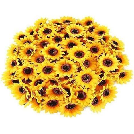 100pcs Fleur Artificielle Tête en Soie Fleurs Tournesol Jaunes Deco pour DIY Gâteau Couronne Broche Emballage Arrangement de Fleu 4cm