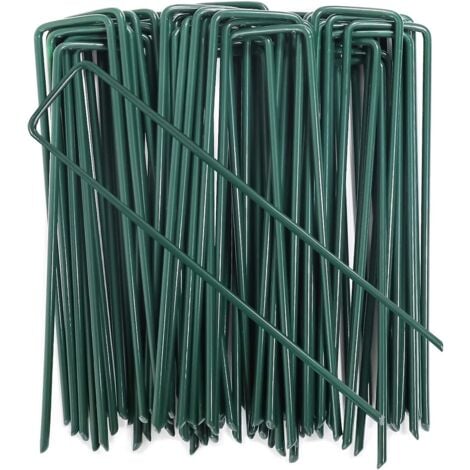 KEEPBUYING 100PCS Piquets de Fixation en Acier Galvanisé Vert, Ancrage au Sol de Jardin en Forme de U pour Toile de Paillage, 150x25mm, Ø 3mm, Vert