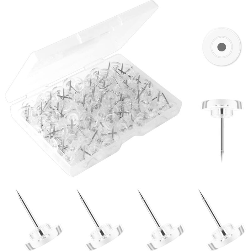 100pcs Punaises Transparentes, Punaises en Plastique Punaises Plates avec Pointe en Acier Push Pins pour Tableau Liege Tableau d'Affichage Murale