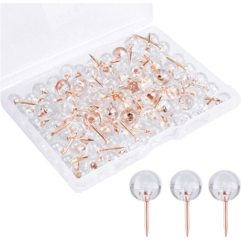 100pcs Punaises Transparentes Rondes Epingle Tableau Liege Pins Or Rose Punaises Decoratives Voyage avec Boîte en Plastique, Accessoires Couture