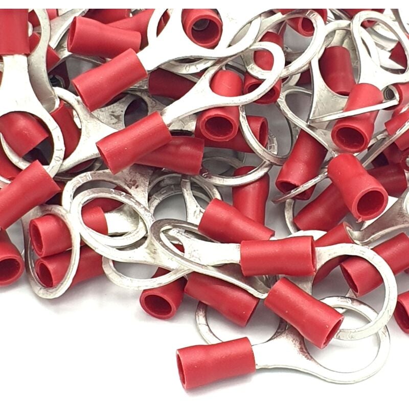 100pcs Red Insulated Crimp Ring Terminals 10.5mm Stud Size Connectors
