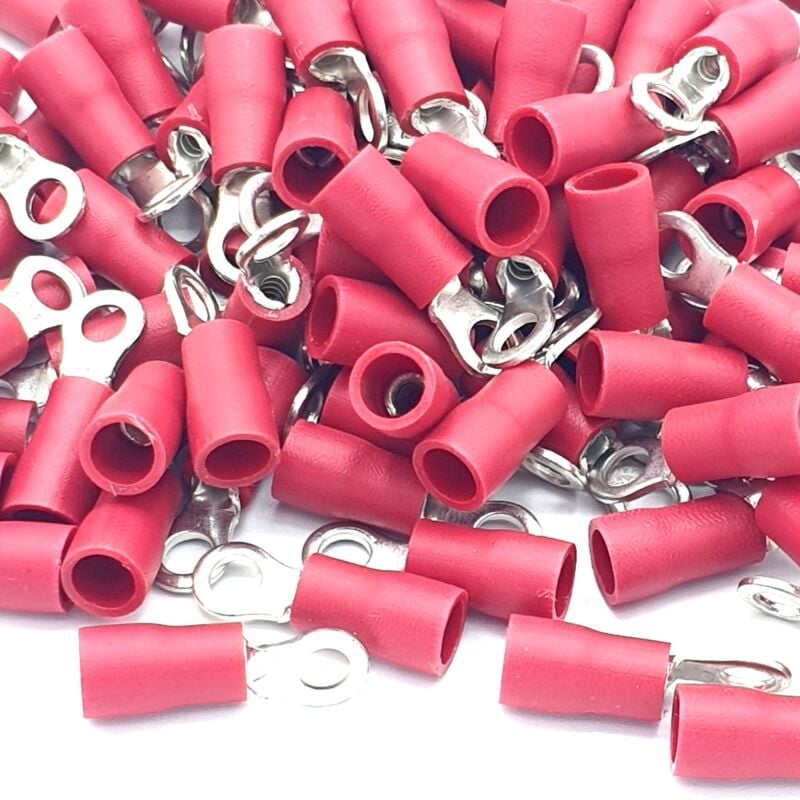 100pcs Red Insulated Crimp Ring Terminals 3.2mm Stud Size Connectors