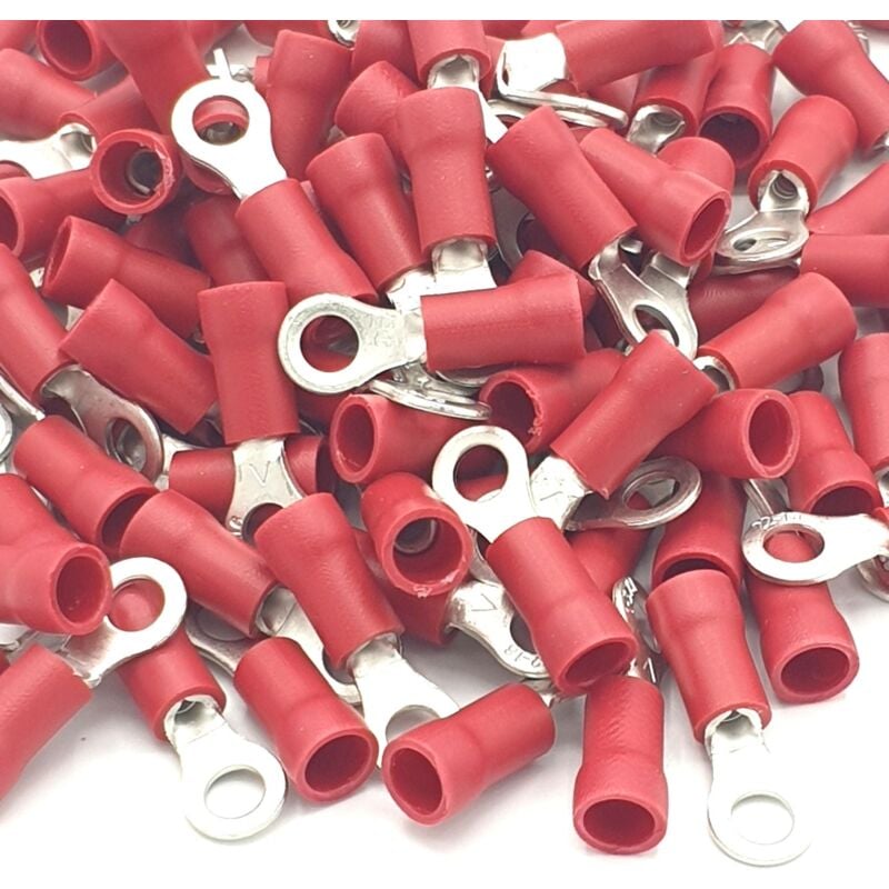 100pcs Red Insulated Crimp Ring Terminals 3.7mm Stud Size Connectors