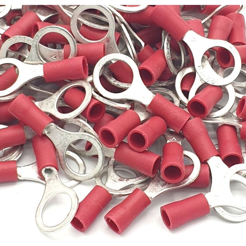 100pcs Red Insulated Crimp Ring Terminals 8.4mm Stud Size Connectors