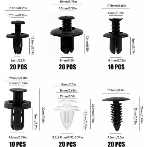 100Pcs Rivet Clips Plastique, Clips Voiture Attaches de Pare Chocs Clips à Rivets, Rivets Plastiques Fixation de Protection avec différentes formes et tailles