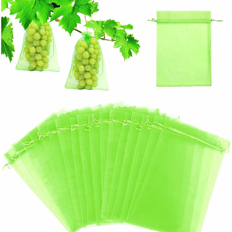 100Pcs Sac Protection Fruits, Sachet Protection Raisin Jardin Sac Organza avec Cordon Contre Guêpe Drosophile Scarabées Oiseaux , Vert Mousse , 17x