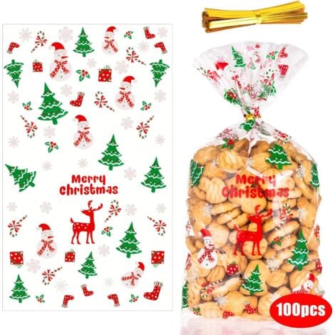 FLYDOSI 100pcs Sachets en Plastique Noël pour Bonbons & Biscuits, Sacs de Cadeau Noel avec Cravates Torsadées pour Fournitures de Fête Noël (Joyeux Noël)