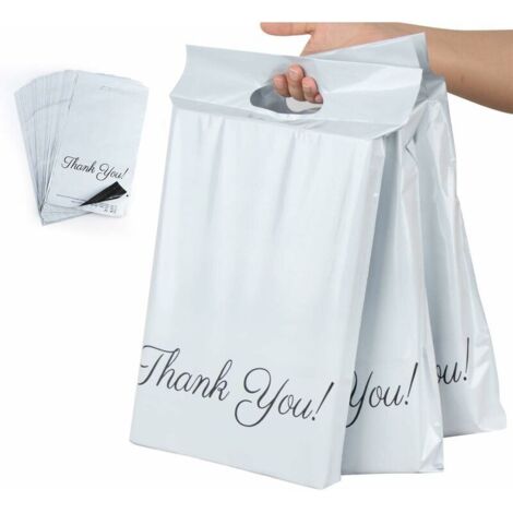100pcs Sacs d'expédition en plastique 25 x 33cm+5cm+6cm,Sac de Courrier “Thank you” Fourre-tout Enveloppes Postales pour l'emballage,stockage,shopping-Blanc