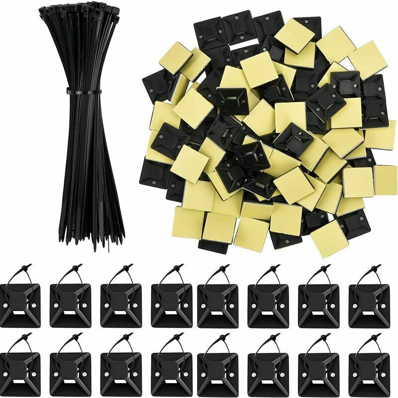 100pcs serre-câble adhésif noir support de serre-câble avec 100pcs base adhésive serre-câble pour câbles intérieurs et extérieurs,