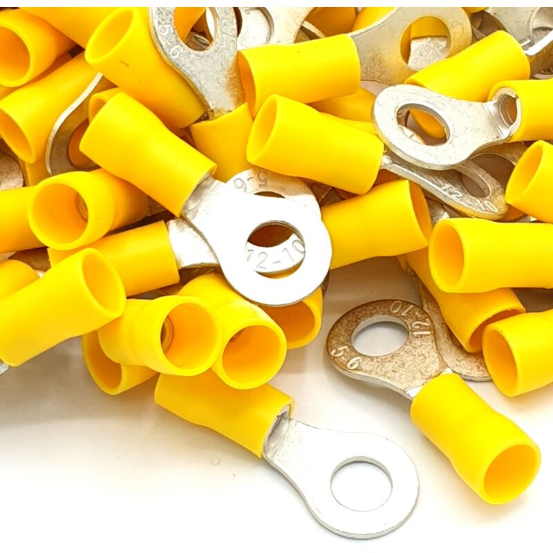 100pcs Yellow Insulated Crimp Ring Terminals 6.4mm Stud Size Connectors