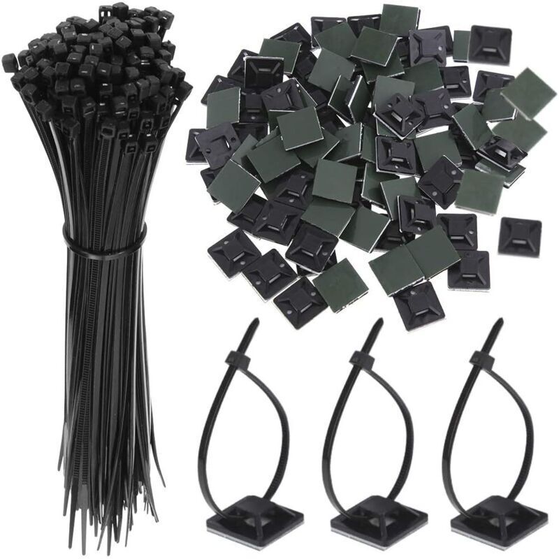 100PCS Zip Tie Adhésifs Noir Collier de Serrage Supports Auto-Adhésifs 150mm x 2.5mm, Base de Serre-Câbles avec Attache Cable Universel à Usages