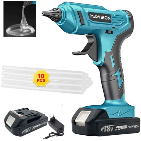 MAWIRON 100W Cordless Hot Glue Gun for Home and Garden, Mini Glue Gun + 10pcs 11mm Glue Sticks + 2x 3.0A Battery + Charger, Compatible with Makita Battery