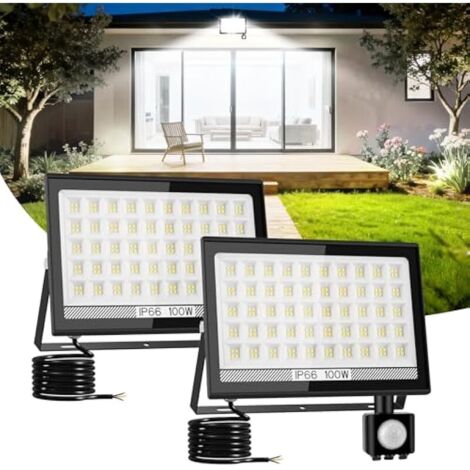 100W Projecteur LED Extérieur Detecteur de Mouvement, 11000LM 6000K 200 Leds Eclairage Exterieur avec Detecteur, IP66 Étanche Spot Led Extérieur pour Jardins, Garage, Arrière-cour, 2 Pièces