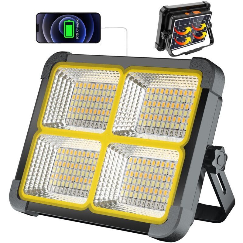 100W Rechargeable LED Floodlight, Rechargeable Construction Site Floodlight with 336 LEDs/Solar Panel/4 Lighting Modes/12000mAh External Battery/