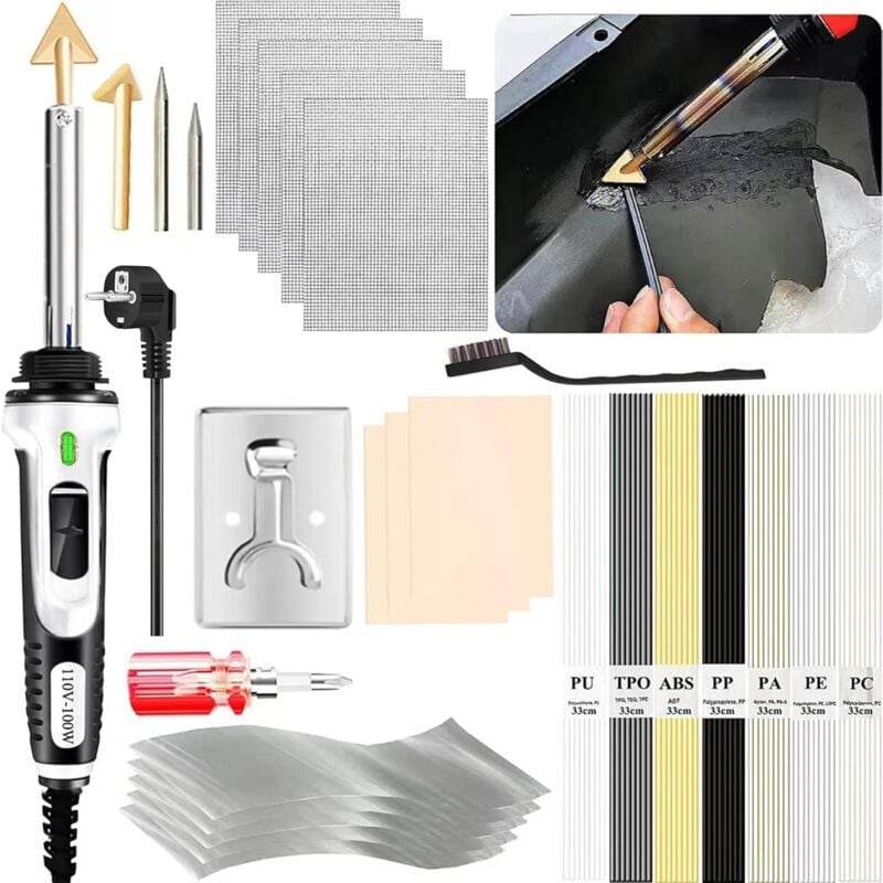 Rosvola - 100W Soudage Plastique, 2 en 1 Réparation Plastique, Kit Reparation Plastique avec 56 Baguettes de Soudage&2 Pointe de fer à Souder,