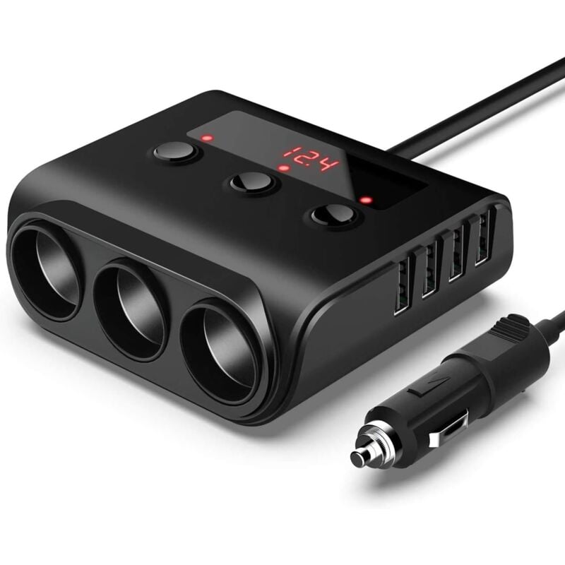 Rapanda - 100W/12V/24V Prise Allume-Cigare de Voiture 3 Ports + 4 Ports de Charge usb, Adaptateur Chargeur avec Voltmètre led et Interrupteur