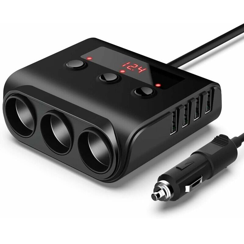 Serbia - 100W/12V/24V Prise Allume-Cigare de Voiture 3 Ports + 4 Ports de Charge usb, Adaptateur Chargeur avec Voltmètre led et Interrupteur