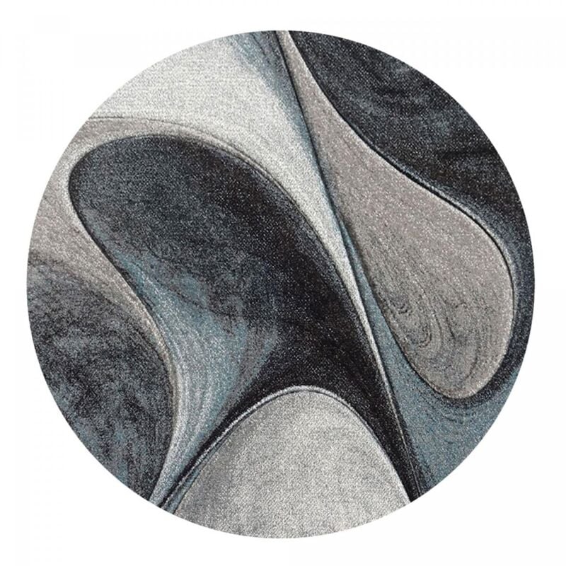 Tapis salon et chambre Ø200cm bleu et gris rond tissé motif géométrique madila
