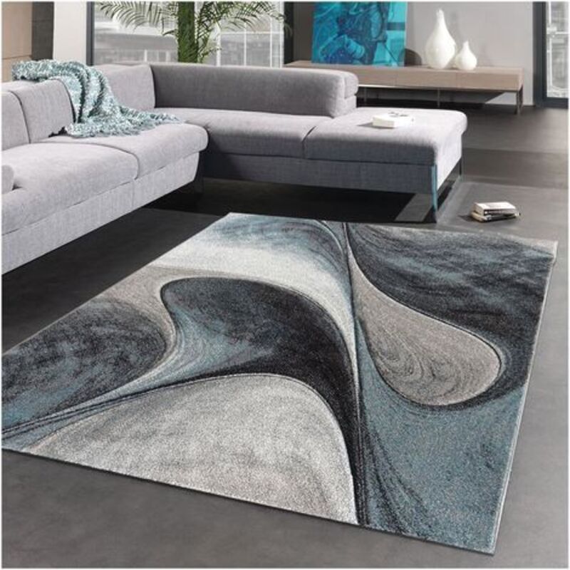 Unamourdetapis - Tapis salon et chambre Ø100cm bleu et gris rond tissé motif géométrique madila